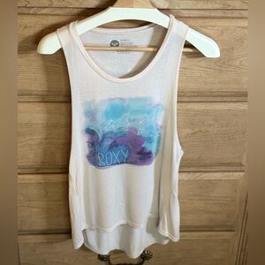 Roxy | Cream Purple & Blue Hi-Low Muscle Tank Top w/ Waves & Beach Print